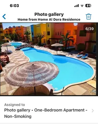 a screenshot of a photo gallery of a swimming pool at Home from Home Al Dora Residence in Hurghada