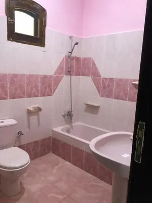 a bathroom with a toilet and a tub and a sink at Habu Garden Apartment in Luxor