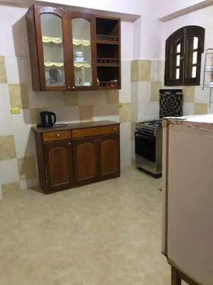 an empty kitchen with wooden cabinets and a stove at Habu Garden Apartment in Luxor
