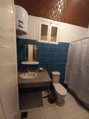 a bathroom with a sink and a toilet and blue tiles at Mountain hug house in Luxor