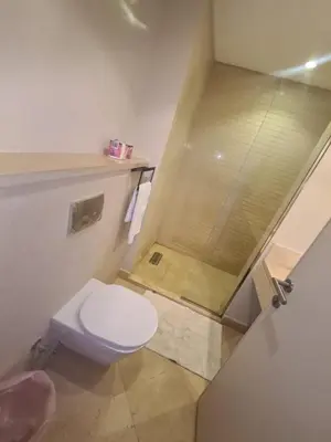 a small bathroom with a toilet and a shower at Mangrove Elgouna in Hurghada