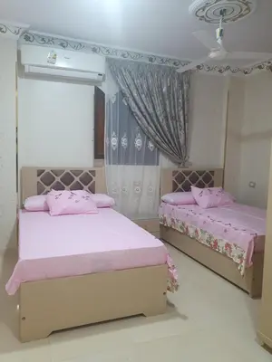 two beds in a bedroom with pink sheets and a mirror at Queen Feryal in Jazīrat Aswān