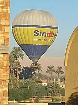 a hot air balloon flying over a city with palm trees at Luxor Experience Guest House in Luxor