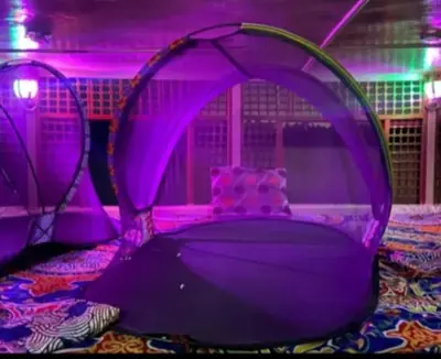 a purple room with a bed with a canopy at Nile Bride Felucca in Aswan