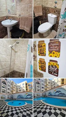 a collage of photos of a bathroom with a toilet and a sink at Sheraton Plaza 319 in Hurghada