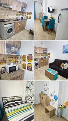 a collage of photos of a kitchen and a living room at Sheraton Plaza 319 in Hurghada