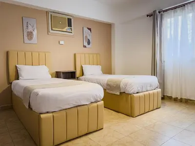 two beds sitting next to each other in a room at Nile view Apartment in Luxor