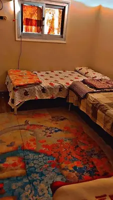 a room with two beds and a window and a rug at وسط البلد البلدوزر بجوار مستشفي النيل التخصصي in Aswan