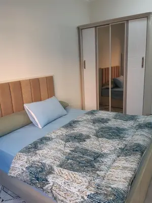 a bedroom with a bed with a blue blanket and a mirror at Dream apartment3 in Hurghada