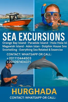 a flyer for a trip to the ocean with a man in a boat at Tai Speedboat orange bay Island- Paradis Island- Dolphin - hula hula Island - Magawish island-etc in Hurghada