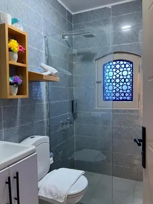 a bathroom with a toilet and a glass shower at Eldeak Hotel Apartments in Luxor
