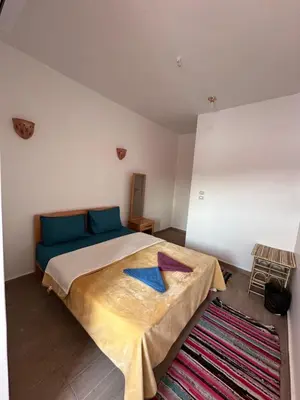 a bedroom with a large bed with blue pillows at Palm Guest House in Aswan