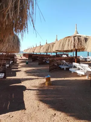 a beach with benches and straw umbrellas and the ocean at Fanadir bay in Hurghada