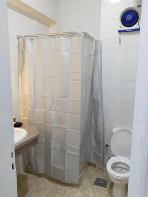 a bathroom with a shower curtain and a toilet at Aquarium Seaview accomodations in Hurghada