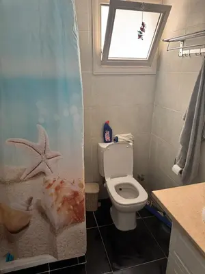 a bathroom with a shower curtain with a toilet and a window at The getaway in Hurghada