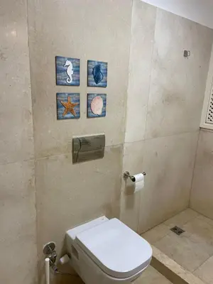 a bathroom with a toilet and some pictures on the wall at Marina Beach Front 3 Br Duplex in Hurghada