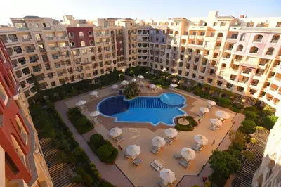 an aerial view of a swimming pool in a building at Florenza Khamsin Apartments in Hurghada