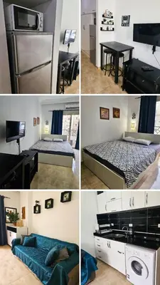 a collage of pictures of a room with a bed and a refrigerator at Sheraton Plaza 218 in Hurghada