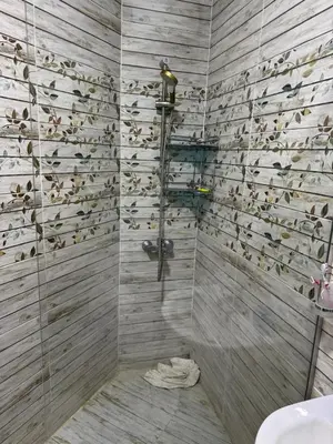 a bathroom with a shower with fish on the wall at Studio in Casablanca 631 in Hurghada