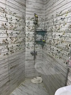 a bathroom with a shower with birds on the wall at Studio in Casablanca 631 in Hurghada