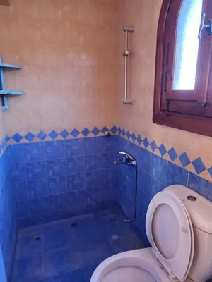 a blue tiled bathroom with a toilet and a shower at 2BD Apt, Douplex, 2 floors, Villa Yanny, El Helal, Hurghada in Hurghada