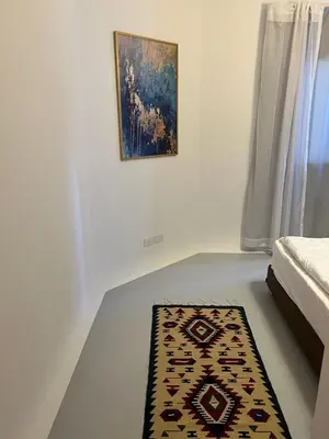 a room with a rug on the floor and a painting at Hotel apartment swan lake in Hurghada