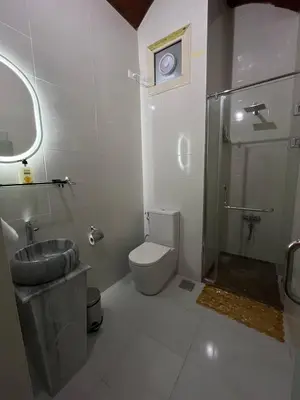 a bathroom with a toilet and a glass shower at Zena Toma Nubian Guest House in Aswan