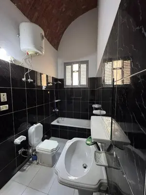 a black and white bathroom with a sink and a toilet at Sahara palace in Luxor