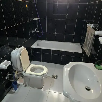 a bathroom with a toilet and a sink and a bath tub at Sahara palace in Luxor