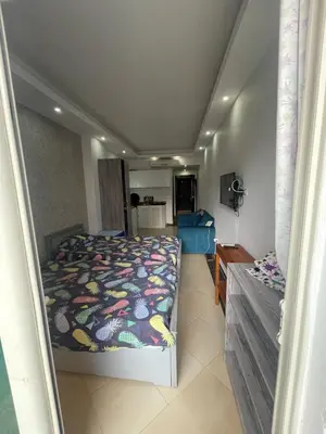 a small bedroom with a bed and a kitchen at Steps from Beach & Near Airport Furnteched, Kitchenette, full APT Free WIFI in Hurghada