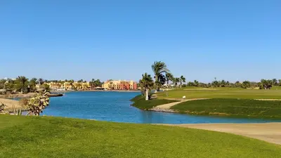 a golf course with a view of a river at Studio In Marina El Gouna in Hurghada