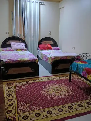 two beds in a room with a red rug at Families only in Al ‘Izbah wa al ‘Arab