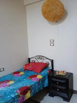 a bedroom with a bed with a blue comforter and red pillows at Families only in Al ‘Izbah wa al ‘Arab