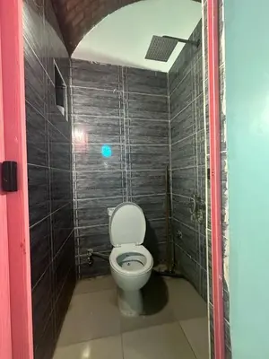 a small bathroom with a toilet in a stall at Nubia House Nile View in Nag` el-Ramla