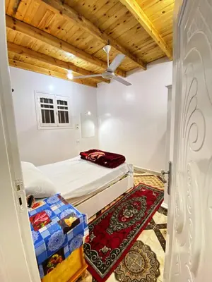 a bedroom with a bed and a doorway with a rug at Ammar Guest House in Luxor