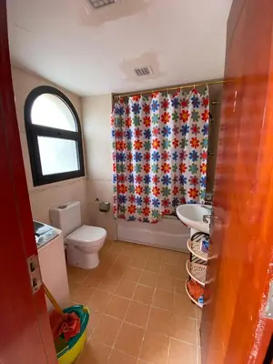 a bathroom with a toilet and a shower curtain at Palm View Paradise-Downtown Hurghada in Hurghada