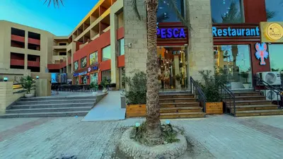 a palm tree in front of a building at Elite AlDaU Heights in Hurghada