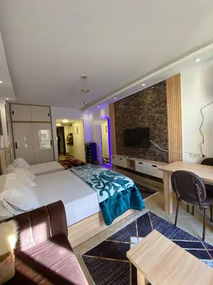 a hotel room with a large bed and a tv at شقه فردين مطله علي حمام السباحه في الغردقه in Hurghada