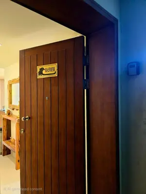 a wooden door with a sign on it at Veranda sahl hasheesh in Hurghada