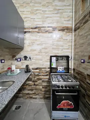 a kitchen with a stove top oven next to a counter at River view house in Luxor