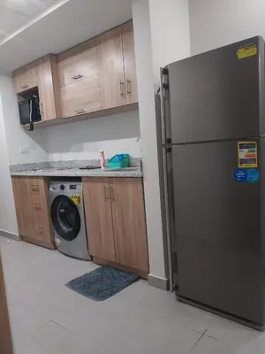 a kitchen with a refrigerator and a washing machine at pola studio at scandic resort in Hurghada