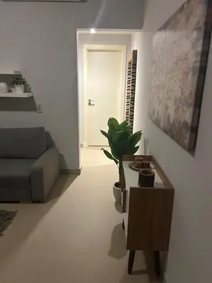 a living room with a couch and a table with a plant at El Gouna 1 Bedroom Waterside in Hurghada