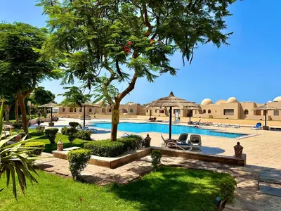 a pool in a resort with a tree and chairs at The Nubian Sea View in Hurghada