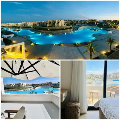 a collage of photos of a hotel and a resort at Modern 3BR Escape - Panoramic Lagoon & Sea Views in Hurghada
