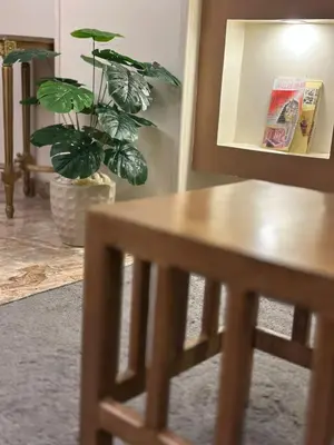 a wooden chair in a room with a potted plant at Luxe Nest Luxor Serviced Apartments 102 in Luxor
