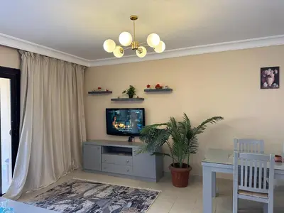 a living room with a tv and a table with a plant at The Nubian Two-Bedroom Apartment in Hurghada