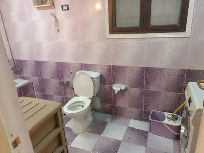 a pink bathroom with a toilet and a sink at fayrouz apartment in Jazīrat al ‘Awwāmīyah