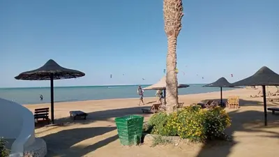 a beach with umbrellas and chairs and the ocean at Palma Resort Hurghada in Hurghada