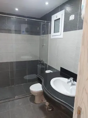 a bathroom with a sink and a toilet and a shower at Fanadir L406 in Hurghada