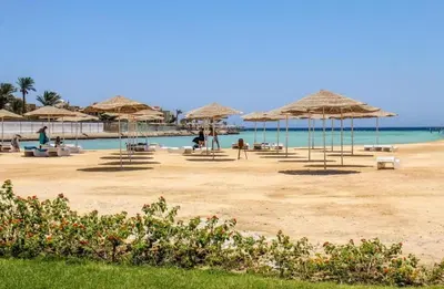 a beach with many straw umbrellas and the ocean at Private Garden Studio Wi-Fi and Beach Access in Hurghada